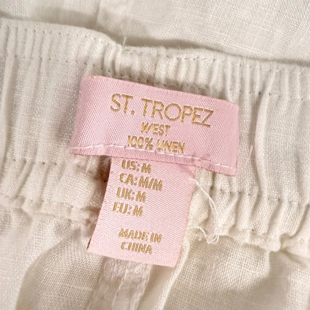 St. Tropez West Wide Leg Pants Womens Medium Pre-Owned White 100% Linen Coastal